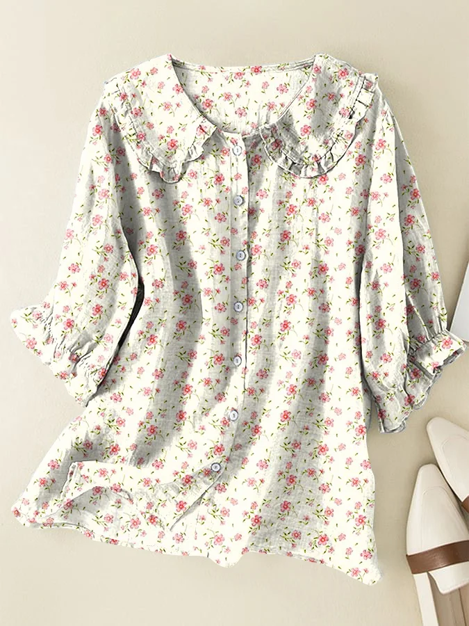 Vintage Floral Loose Cotton and Linen Peter Pan Ruffle Collar Shirt