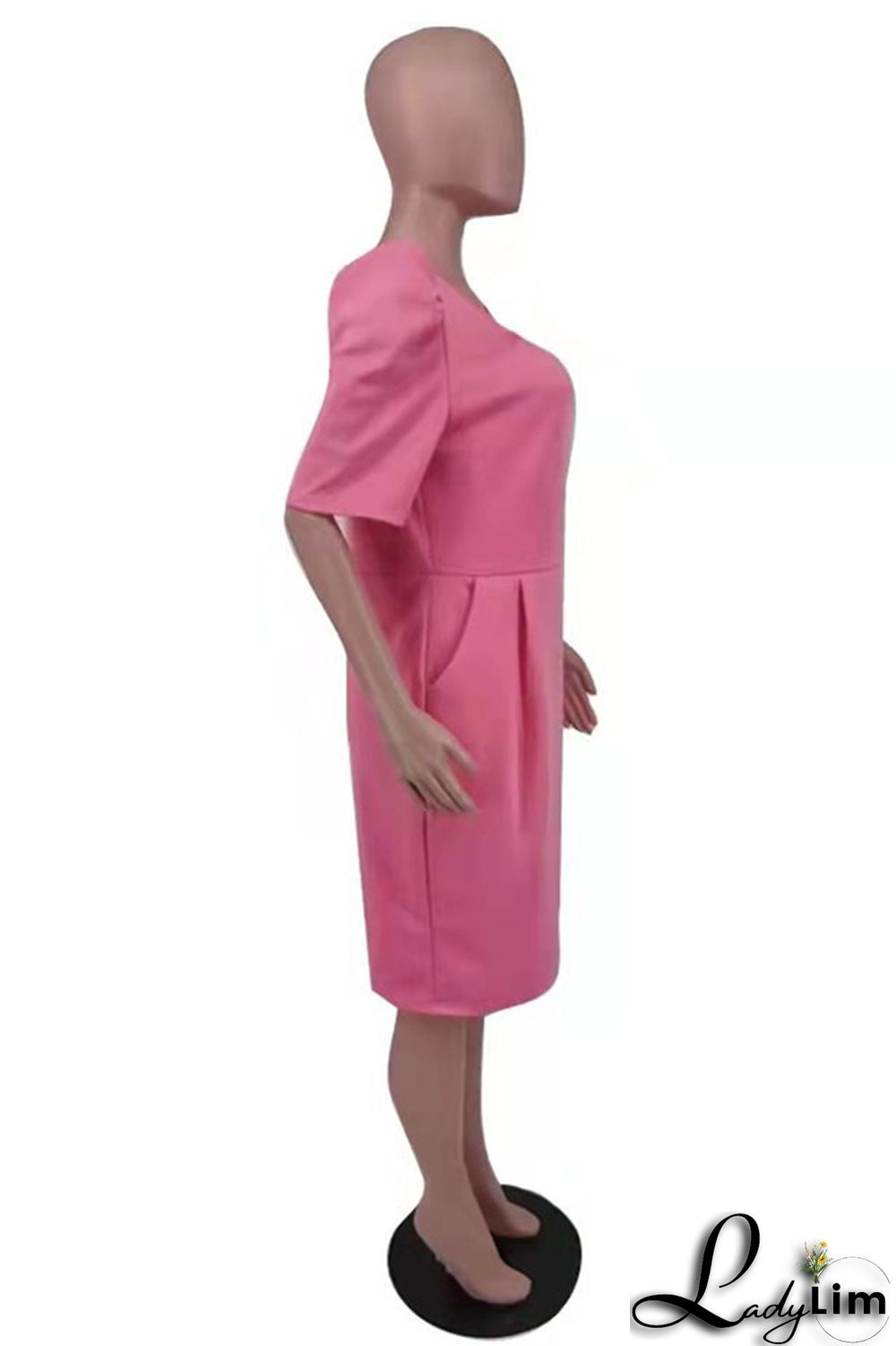 Pink Fashion Casual Plus Size Solid Basic O Neck Short Sleeve Dress (Without Belt)