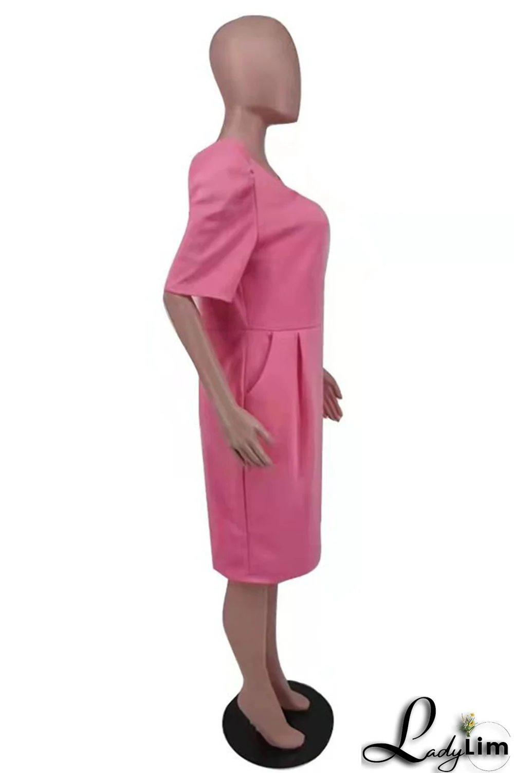 Pink Fashion Casual Plus Size Solid Basic O Neck Short Sleeve Dress (Without Belt)