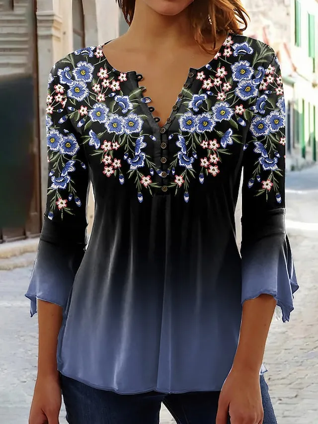 Womens Shirt Blouse Yellow Pink Blue Floral Button Print Length Sleeve Holiday Basic