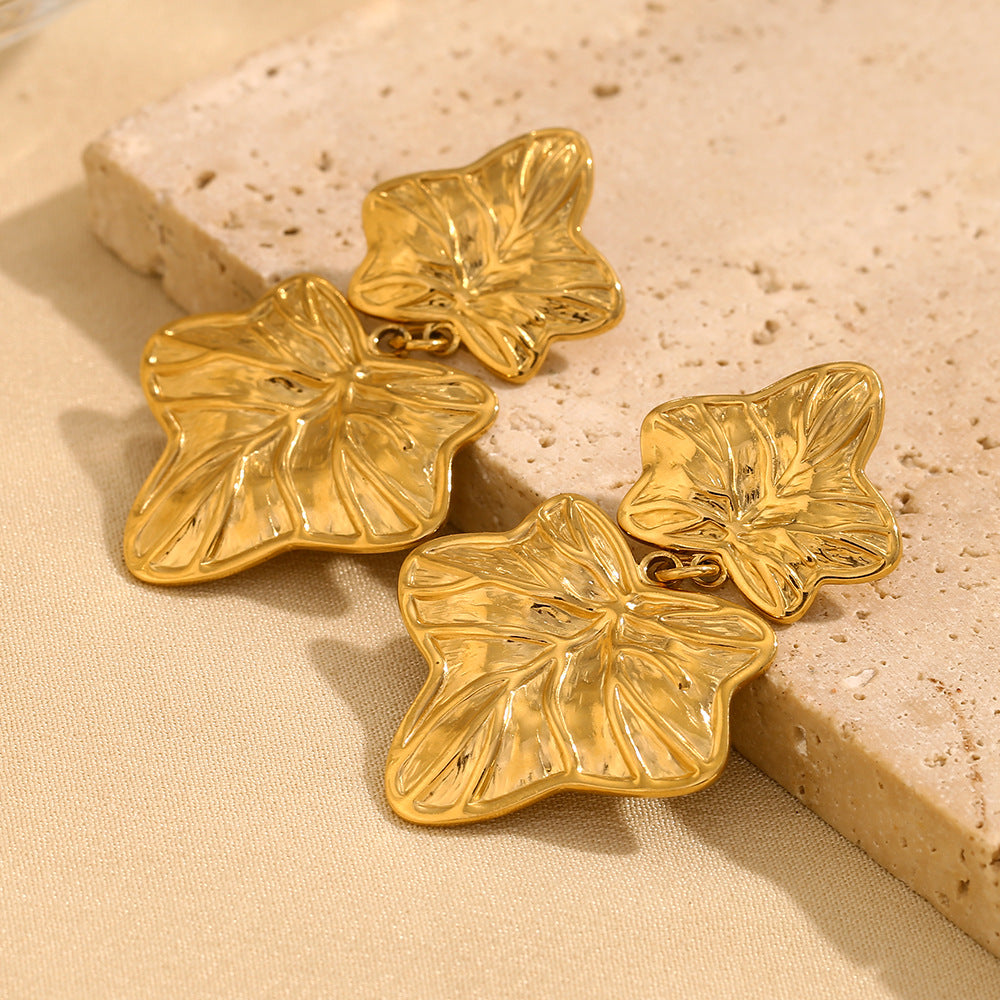 Ins Personality Retro Earrings Stainless Steel 18K Gold Plated Vintage Maple Leaf Texture Pendant Earrings Female