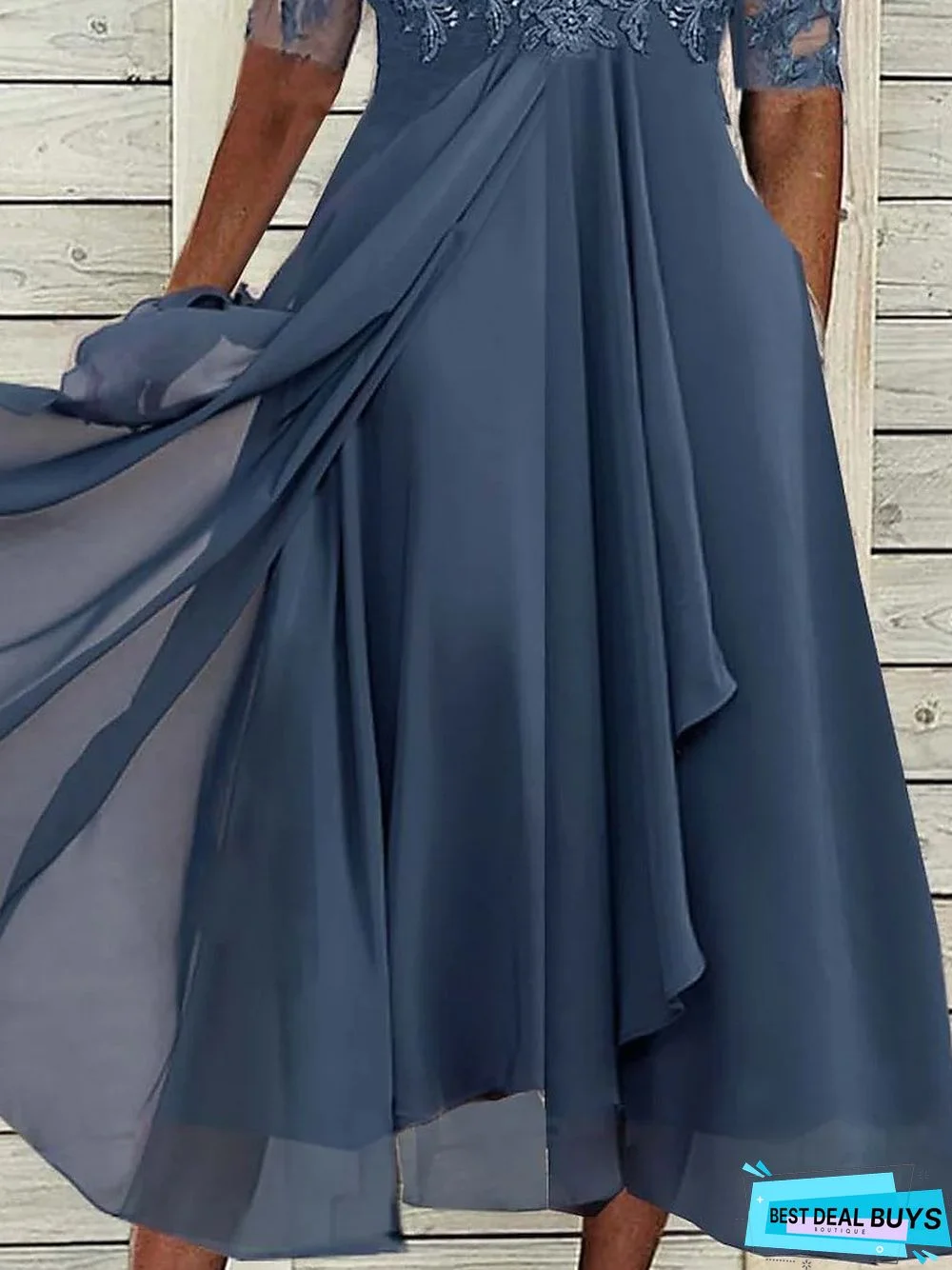 Plain Elegant Autumn Swing Crew Neck Holiday Midi Dress for Women