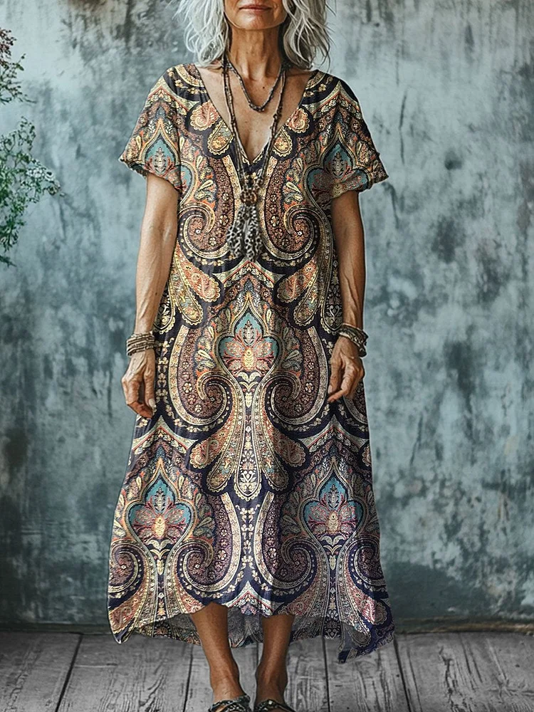 Women's  Vintage Symmetry Art Print Pocket Cotton Dress