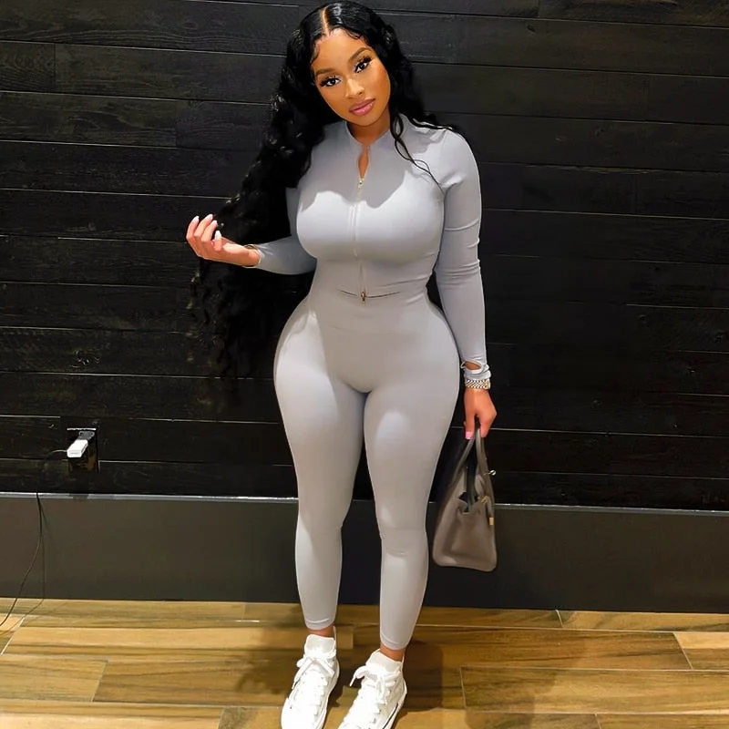 Two Piece Set Women Solid Simple Sheath Slim Casual Sporty Long Sleeve Zipper Top+Body-Shaping Female Activewear Outfits