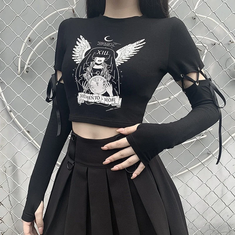 InsGoth Witch Print Black Bodycon Tops Women Gothic Harajuku Punk Patchwork Long Sleeve Slim T-shirts Fashion Autumn Female Top