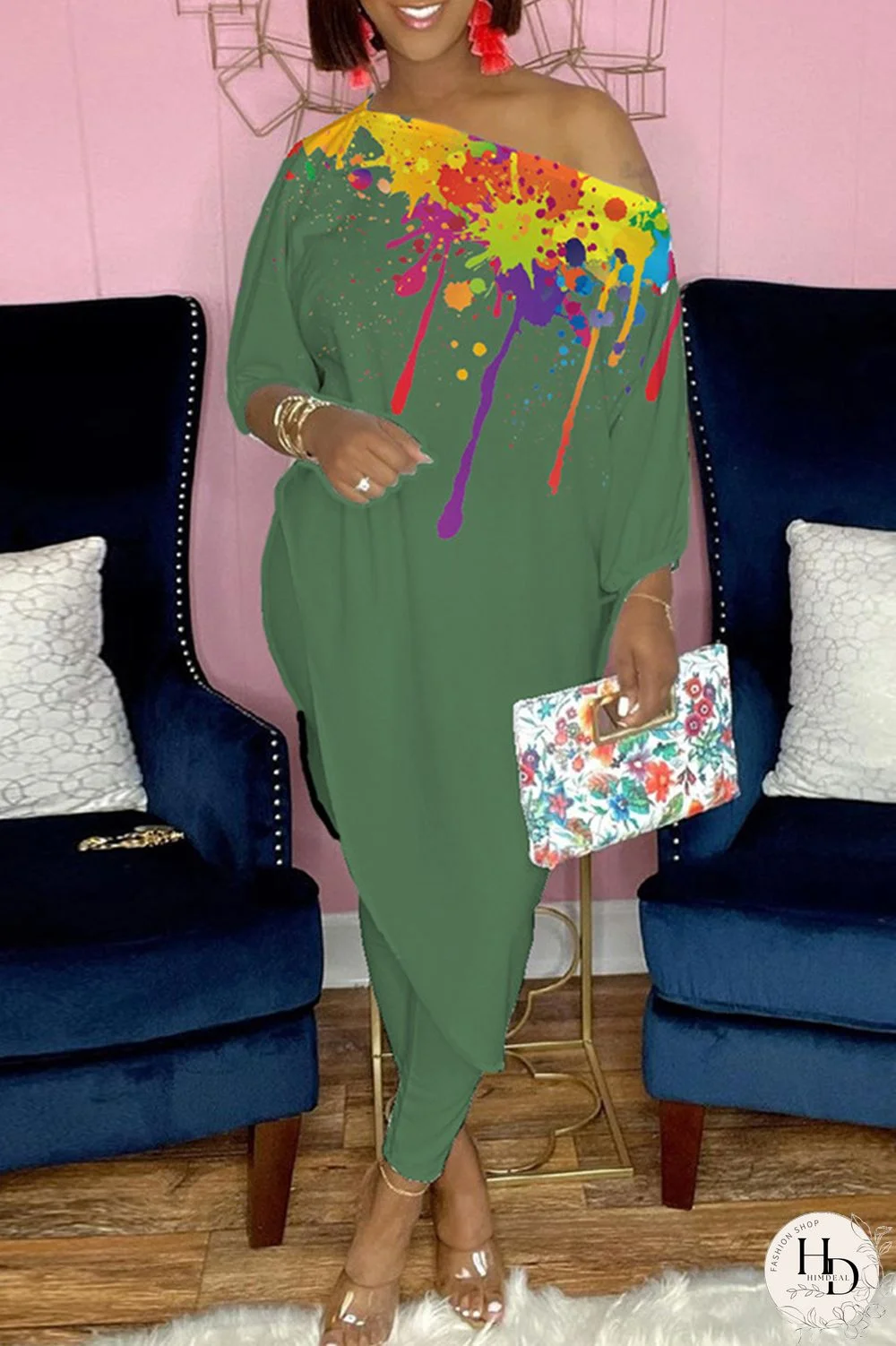 Green Fashion Casual Print Asymmetrical Oblique Collar Three Quarter Two Pieces
