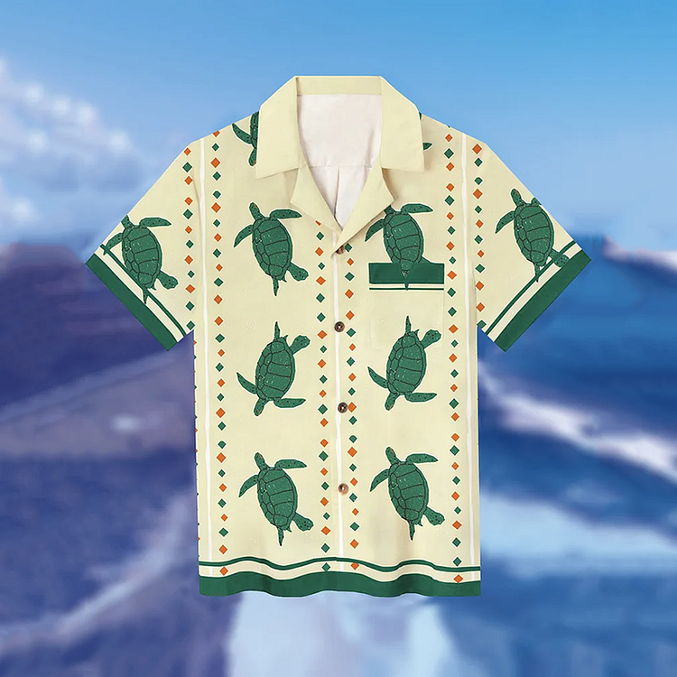 Men's Green Turtle Cartoon Graphic Art Linen Blend Cozy Shirt