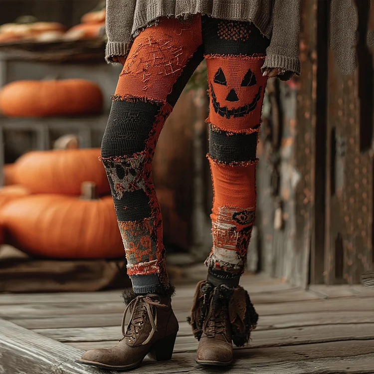 Vintage Patchwork Halloween Pumpkin Face Art Stitched Cozy Knit Leggings