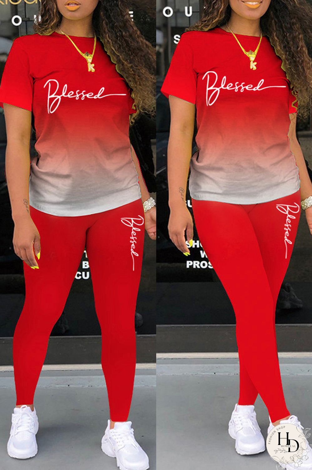 Red Casual Letter Print Basic O Neck Short Sleeve Two Pieces