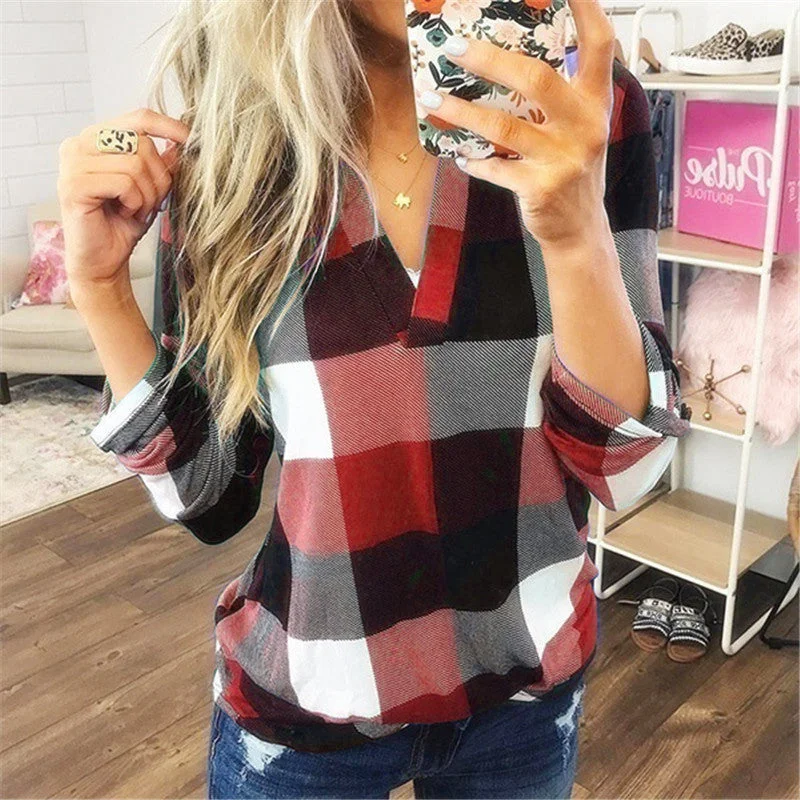 Plaid Printed V-neck Long Sleeve Shirt