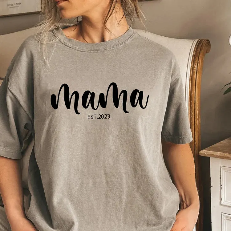 Personalised Chest Text Customization Mama Est Year T-shirt, with Children's Names on the Sleeve, Mother's Day Gift