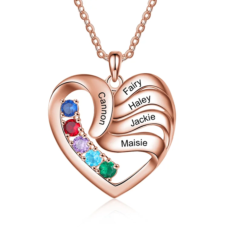 Personalized Heart Necklace with 5 Birthstones Family Necklace for Mom