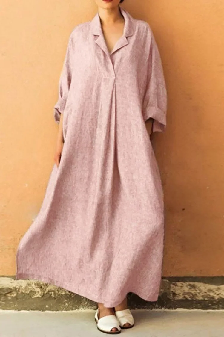 Lapel Collar Long Sleeve Solid Color Loose-Fit Linen Kaftan Maxi Dresses