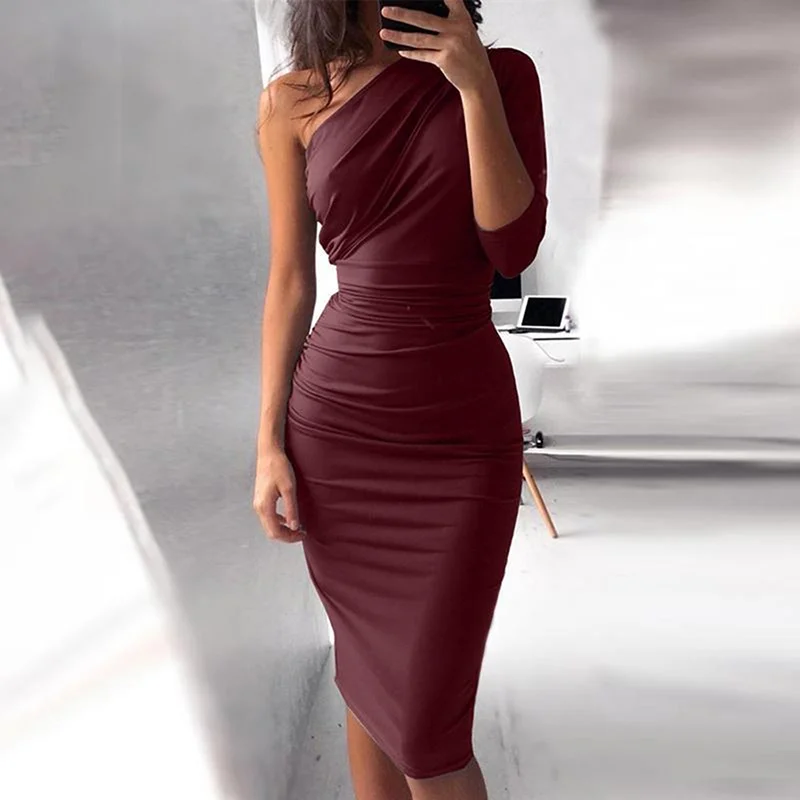 Autumn Women Dress  Ladies One Shoulder Sheath Slim Bodycon Party Dresses Casual Midi Dress Vestido
