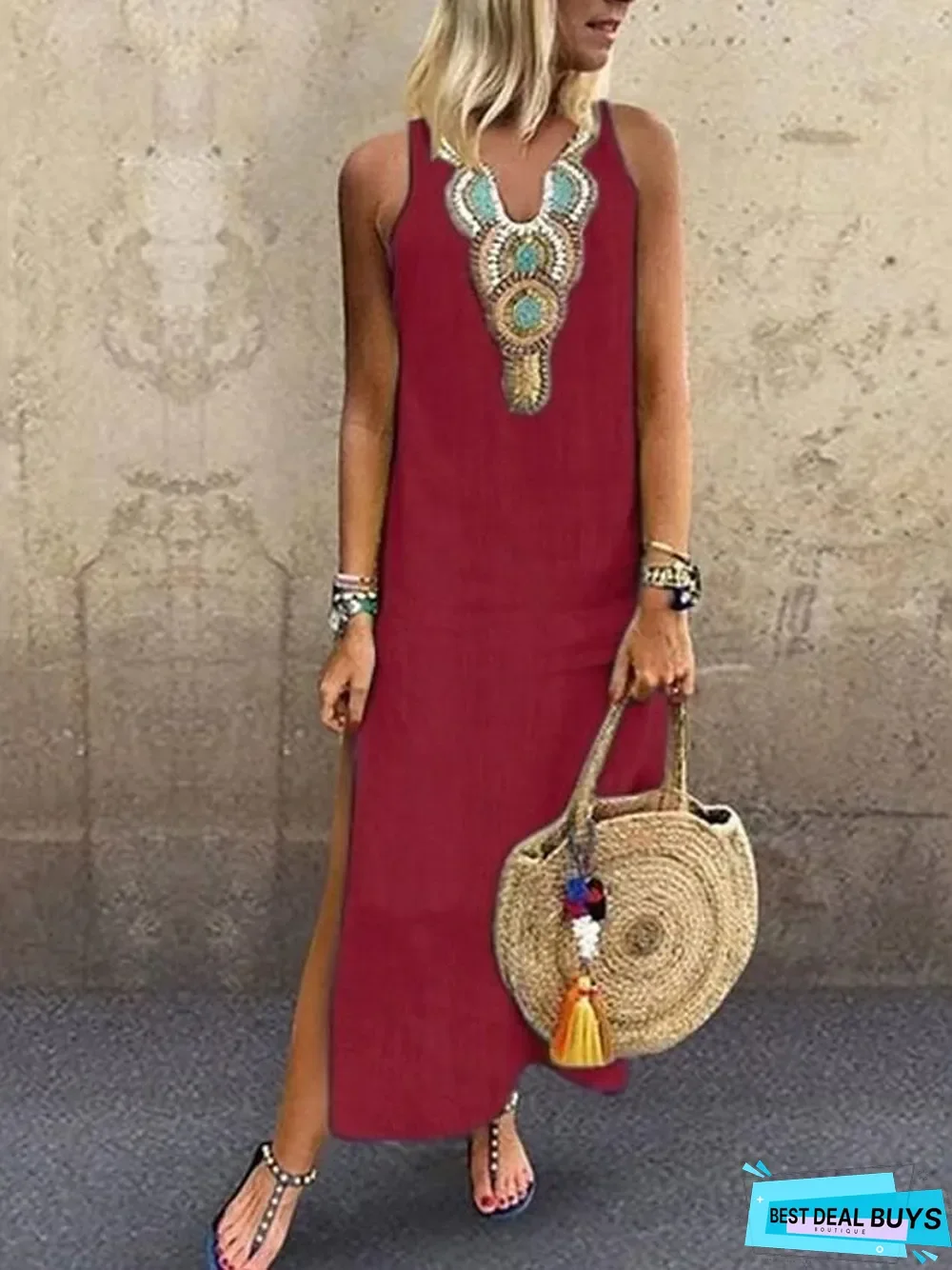 Women's Blazer Dresses Maxi Long Dress - Sleeveless Tribal Split Print Summer V Neck Plus Size Hot Casual Boho Holiday Beach White Yellow Wine Green Gray White Dresses