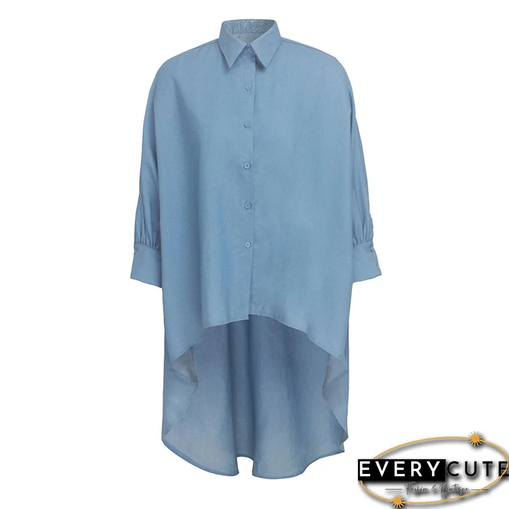 Light Blue Button Down Long Style Loose Top