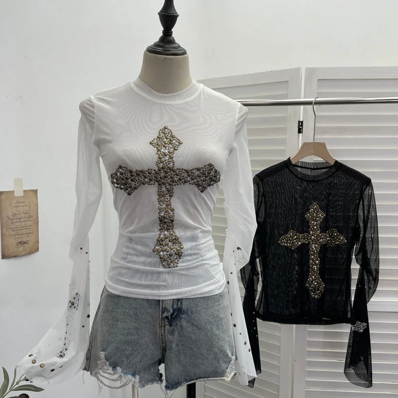 Nigikala Nigikala Shooting Heavy Industry Design Sense Cross Rivet Water Drill Waste Soil Horn Sleeve Double Mesh Yarn Trinket 2706