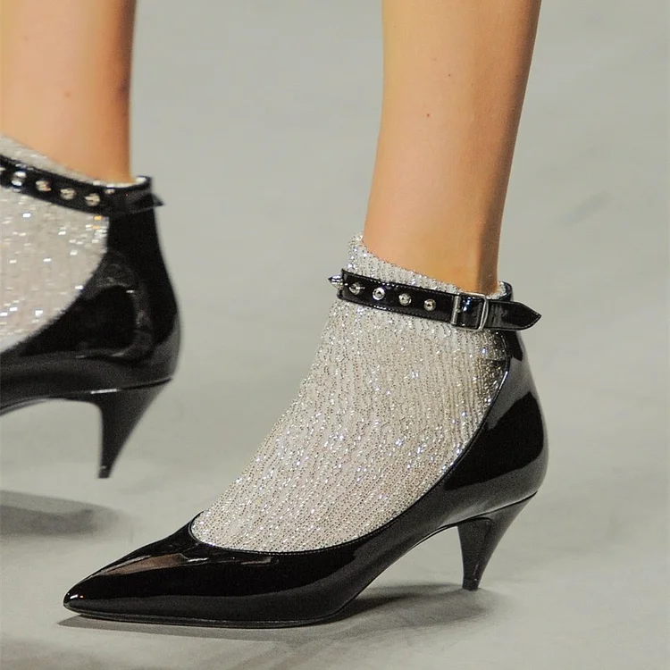 Black Rivets Pointy Toe Cone Heel Ankle Strap Heels for Women |FSJ Shoes