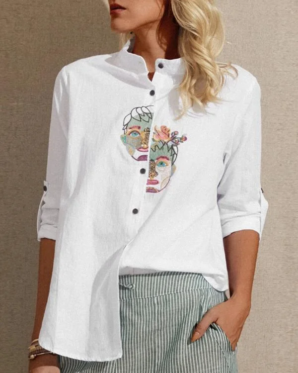 Vintage Embroideried Portrait Long Sleeve Casual Blouse