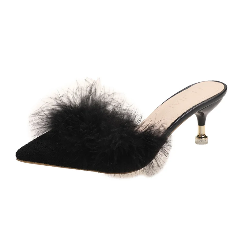 Yyvonne Large-Size Hairy High Heel Shoes Female Tip Fine Heel Bun Head Half Drag Sexy Fashion Wear Cold Drag