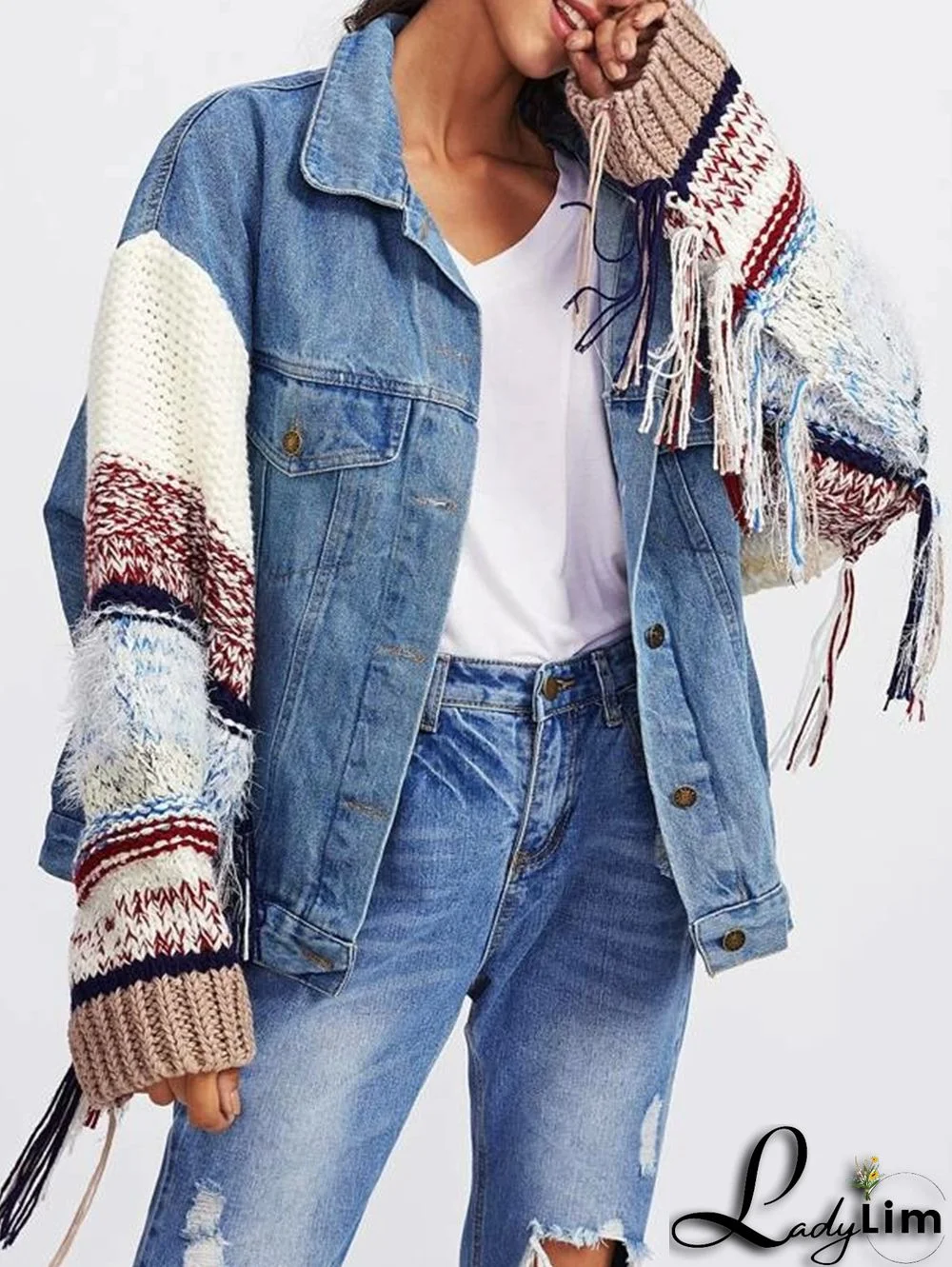 Casual Denim Patchwork Fringed Knitted Long Sleeve Jacket