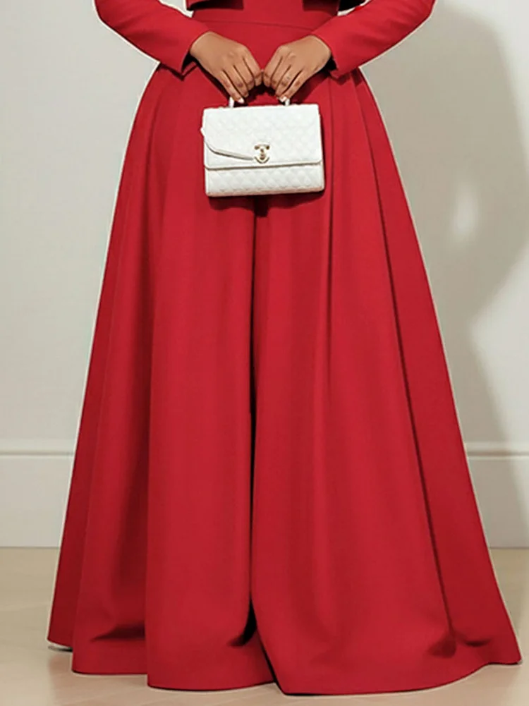 Big Hemline Pleated Pockets Solid Color Zipper Elasticated Waist High Waisted Wide Leg Pants