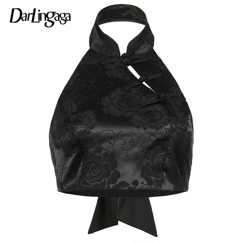 Darlingaga Chinese Style Elegant Jacquard Black Halter Top Backless Lace Up Bow Summer Tank Top Women Sexy Vest Gothic Crop Tops