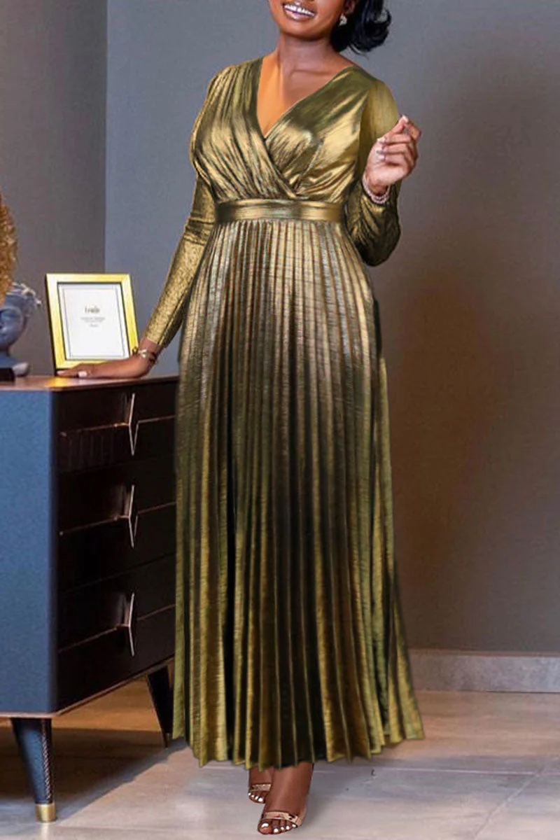 Elegant Solid Patchwork Fold V Neck Long Dress Dresses