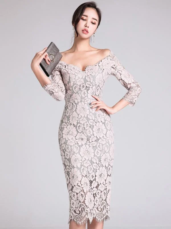 Elegant one-neck low-cut lace three-quarter sleeve dress with hips