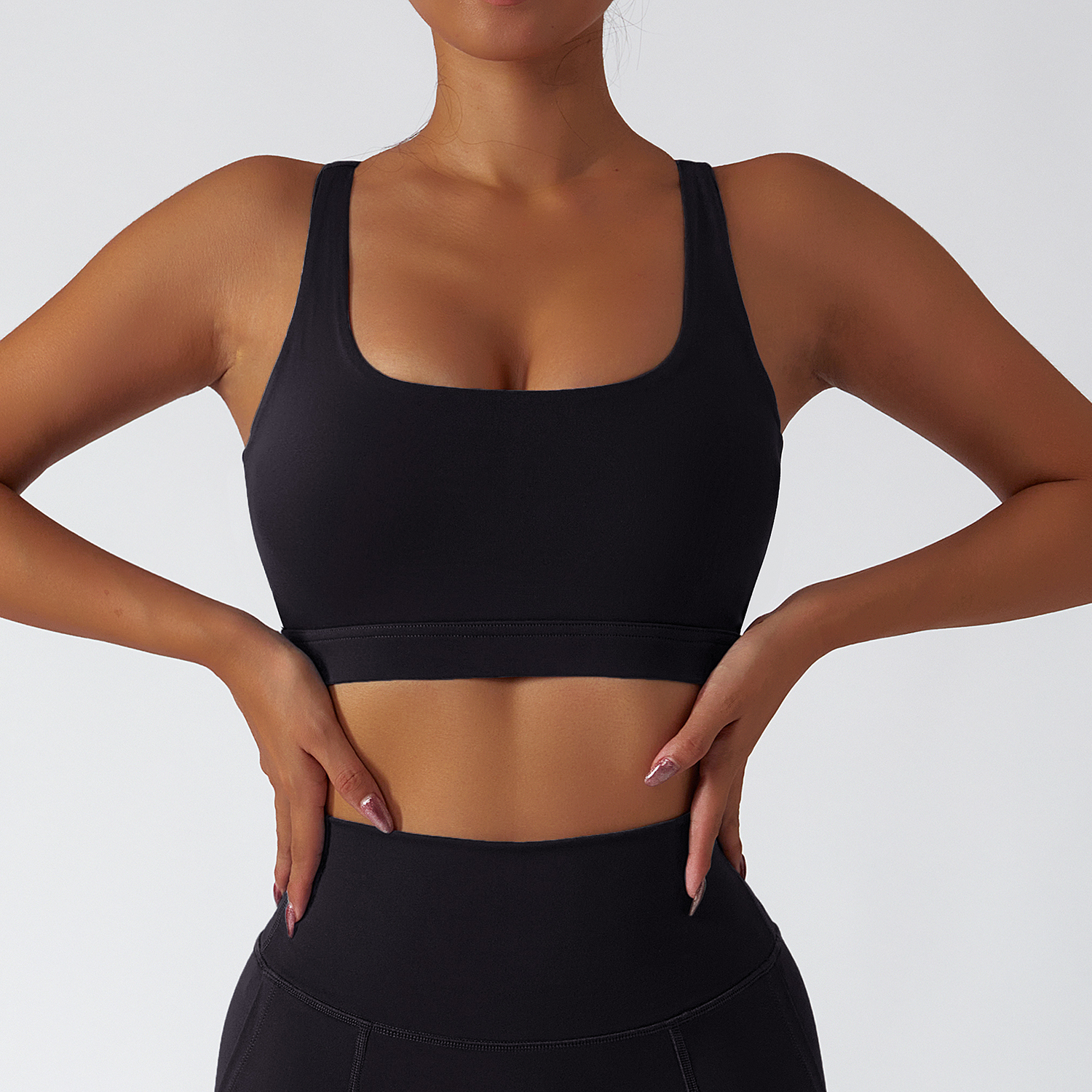 Buy Hergymclothing Black sustainable recycled 4 way stretch ethically made naked feel high support racerback running sports bra with removable at an affordable price