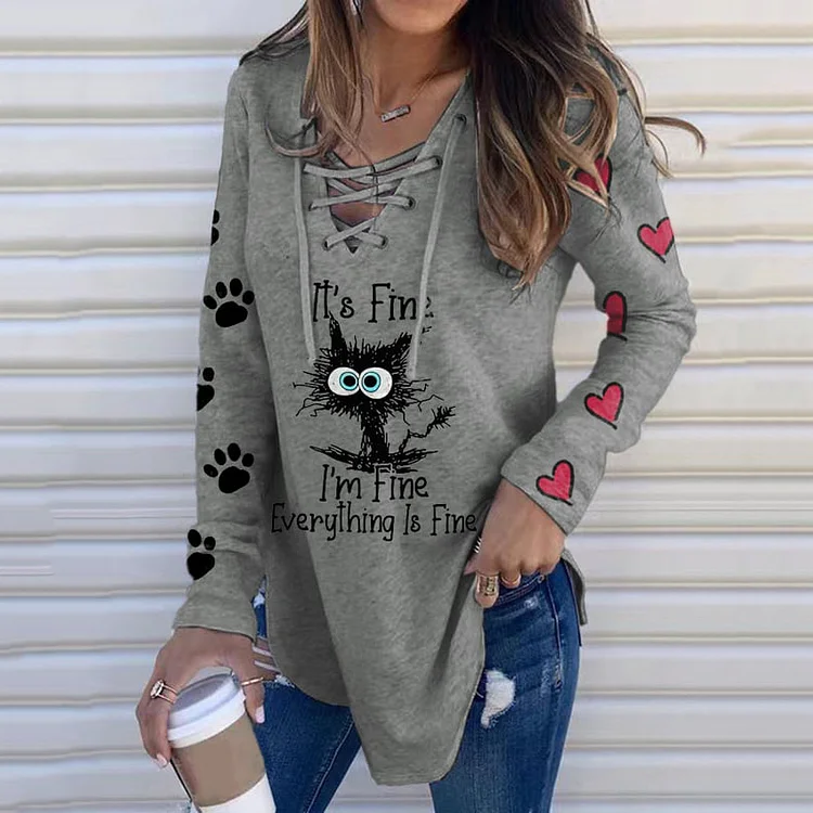 Women's I'm Fine Everything Is Fine Print Lace Up V Neck Long Sleeve T-Shirt