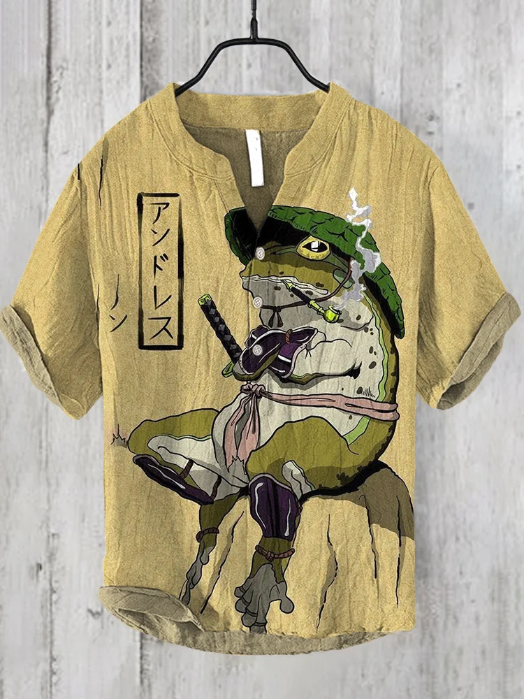 Vintage Japanese Frog Pattern V Neck Casual Linen Blend Shirt