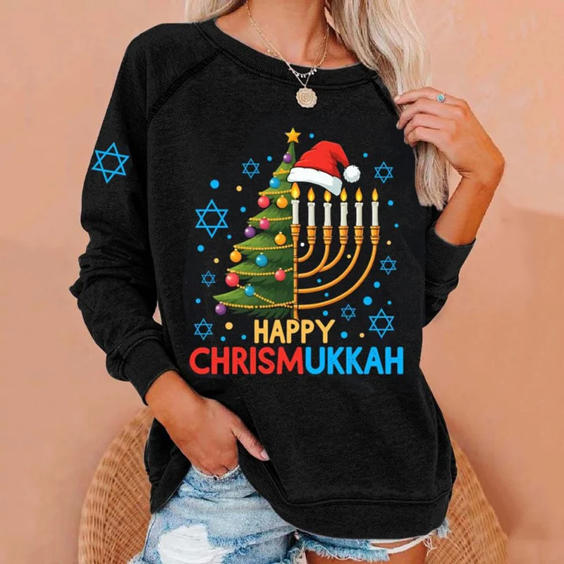 Women's Happy Chrismukkah Printed Crew Neck Sweatshirt