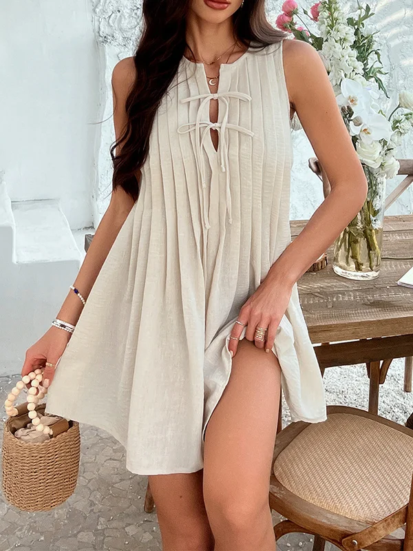 Pleated Solid Color Tied A-Line Loose Round-Neck Vest Top Mini Dresses