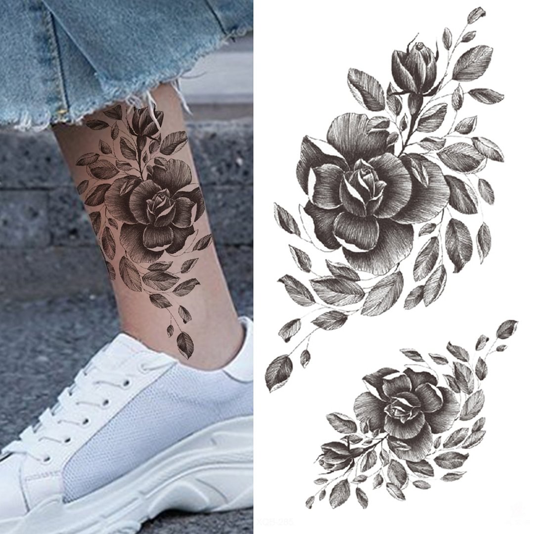 Peony Flower Temporary Tattoo For Women Girls Black Geometric Dahlia Rose Tattoos Sticker Black Blossom Glory Flora Tatoos Decor
