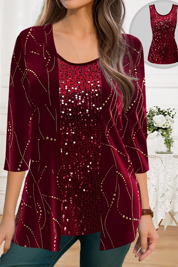 Flycurvy Plus Size Casual Burgundy Velvet Bronzing Print Sparkly Sequin Two Pieces Blouse  Flycurvy [product_label]