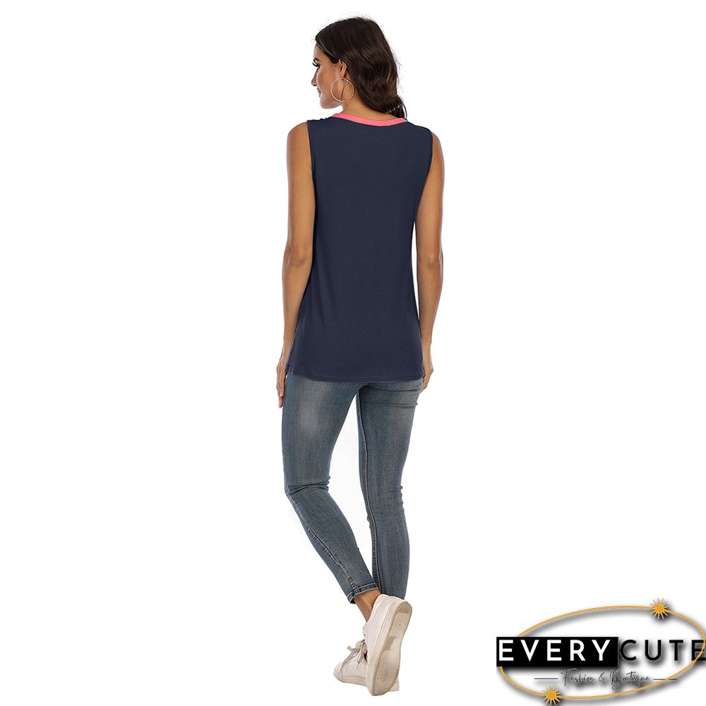 Navy Blue Splice Leopard V Neck Tank Tops