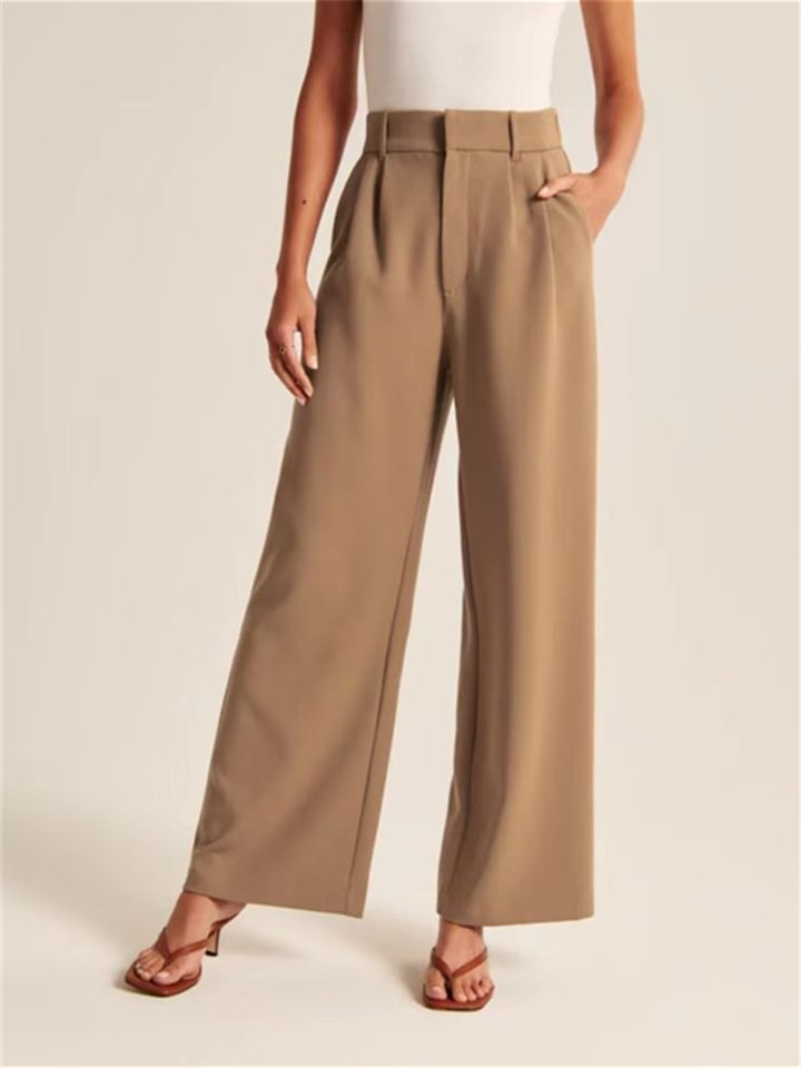 Women's Dress Pants Wide Leg Straight Navy Tan Black Fashion Work Daily Side Pockets Wide Leg Full Length Comfort Solid Color S M L XL 2XL -vasmok