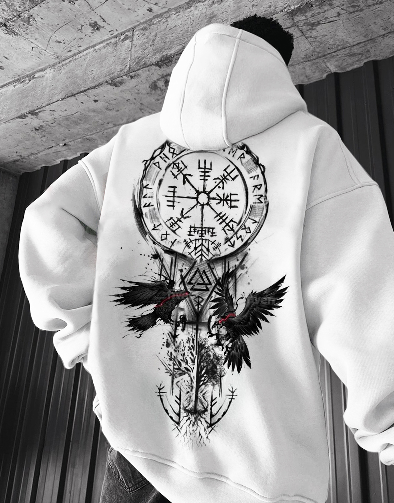 Viking Tree Of Life And Raven Totem Hoodie / TECHWEAR CLUB / Techwear
