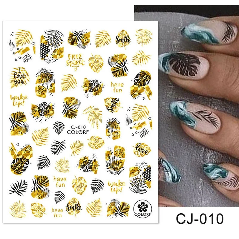 Gold White Bronzing Christmas Nail Sticker 3D Snowflakes Leaf Geometry Lines Letter For Manicure Sliders Decoration Accessories