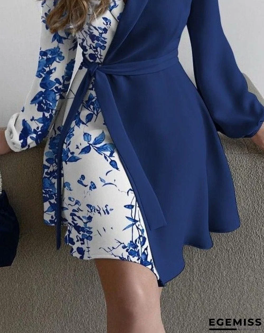 Colorblock Floral Print Surplice Neck Belted Dress | EGEMISS
