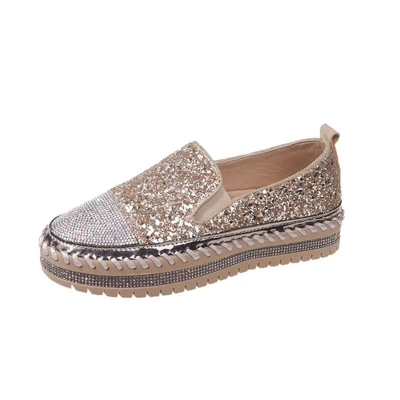 Zhungei Women Flats Rhinestone Bling Sewing Platform Loafers Slip on Sewing Shallow Fashion Casual Shoes Ladies Footwear