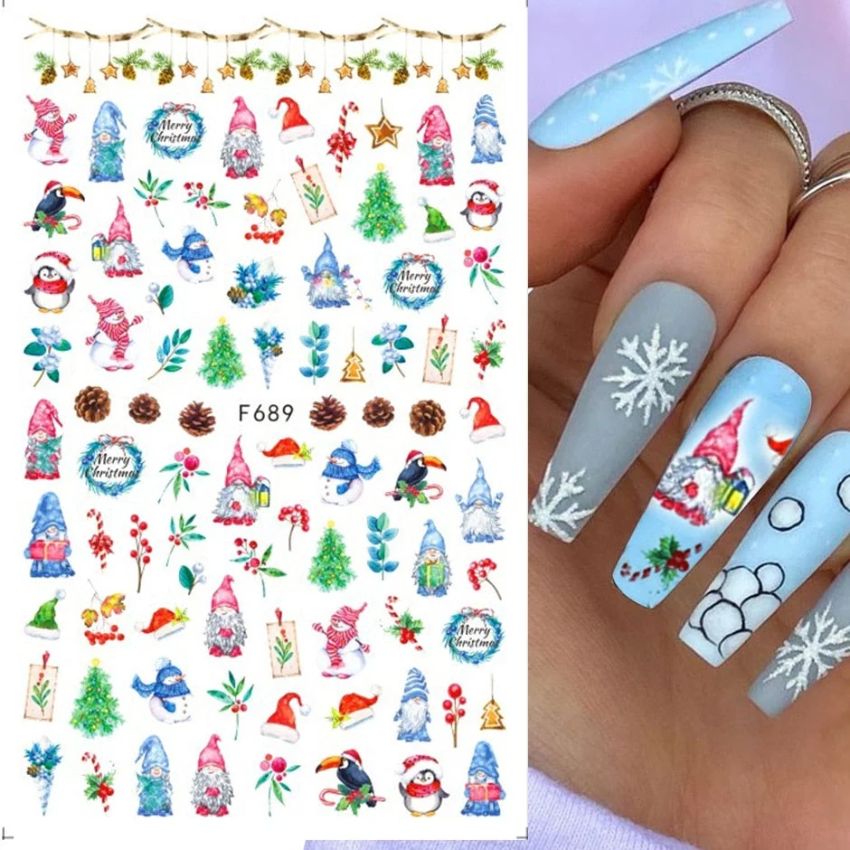Merry Christmas 3D Nails Sticker Winter Cute Cartoon Sliders Snowflake Elk Xmas Tree Decal UV Gel Polisn Manicures Foils Decor-Nail Inspo