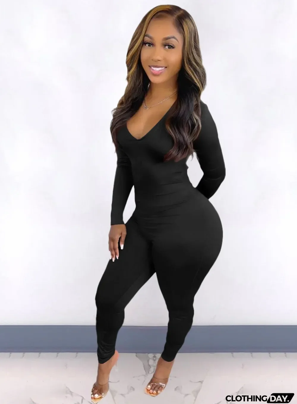 Spring Black Sexy Cut Out Scrunch Long Sleeve Party Jumpsuit