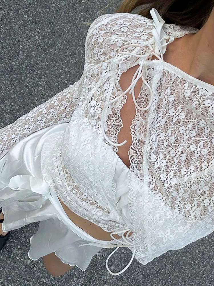 Ootddress Lace Hollow Out Printed T-shirt Cardigan For Women See-Through Sexy Inner Crop top Patchwork Lace-Up Elegant Y2k Top 2025