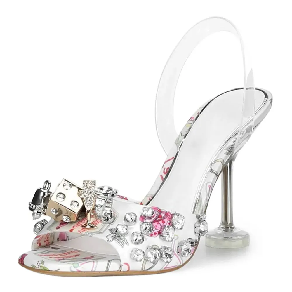White Bridal Themed Clear Slingback Rhinestone High Heels Sandals Nicepairs
