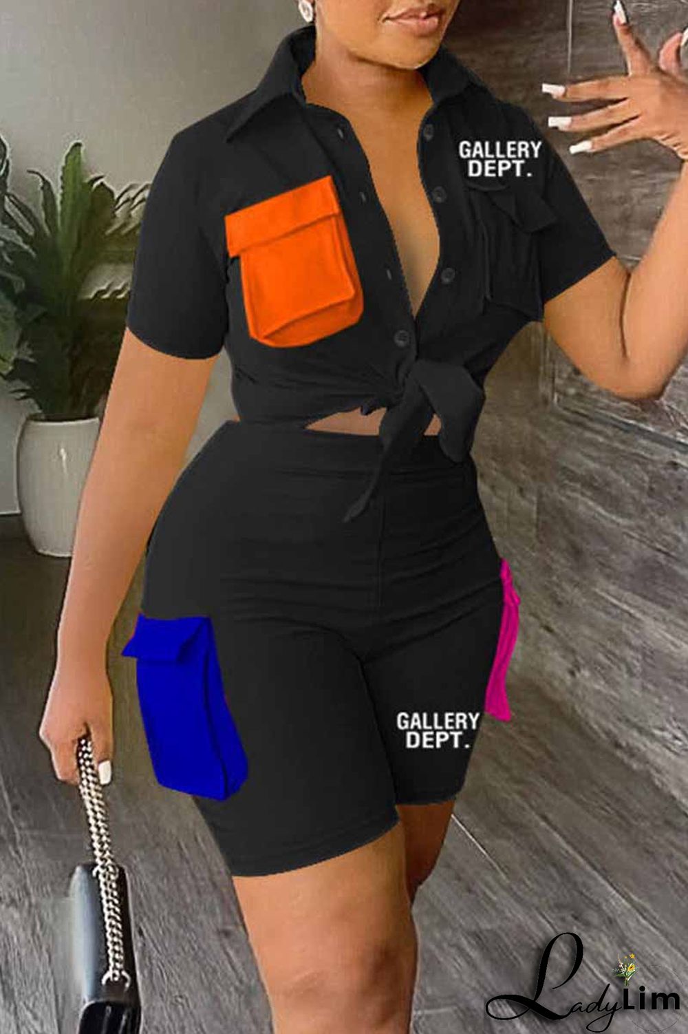 Orange Street Print Patchwork Letter Turndown Collar Short Sleeve Two Pieces