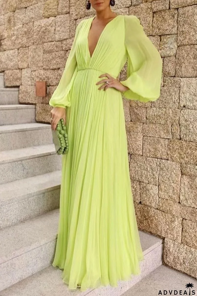 Elegant Solid Fold V Neck Waist Skirt Dresses