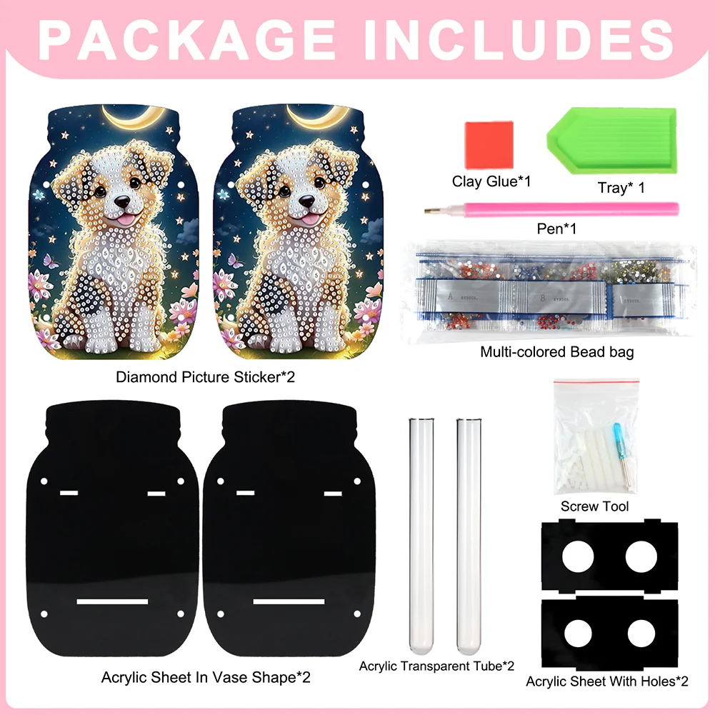 Cute Puppy Acrylic Double Sided Special Shape Diamond Painting Vase for Home