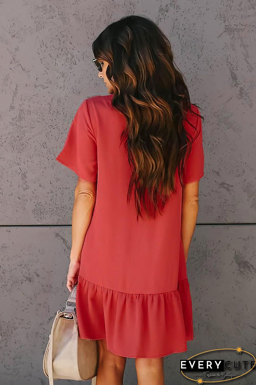 Red Pocketed Button Down Ruffle Dress
